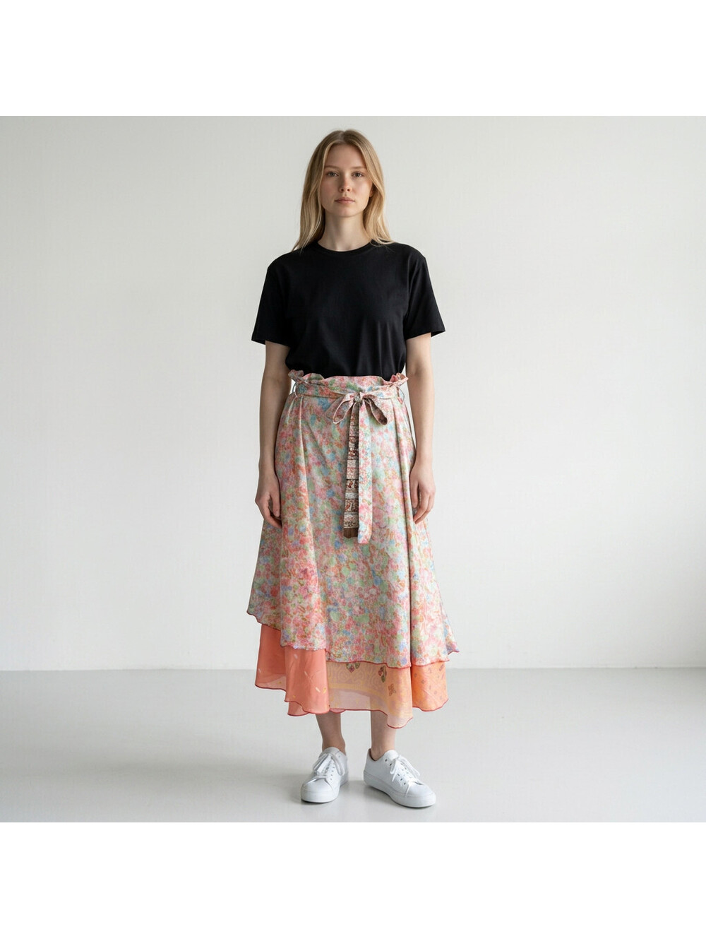 Wevez Skirt Women M Medium Pink Floral A-Line Midi Tasseled Tie Up Belted Silk